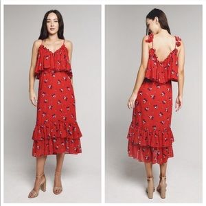 misa gracy ruffle tiered tie floral midi dress red